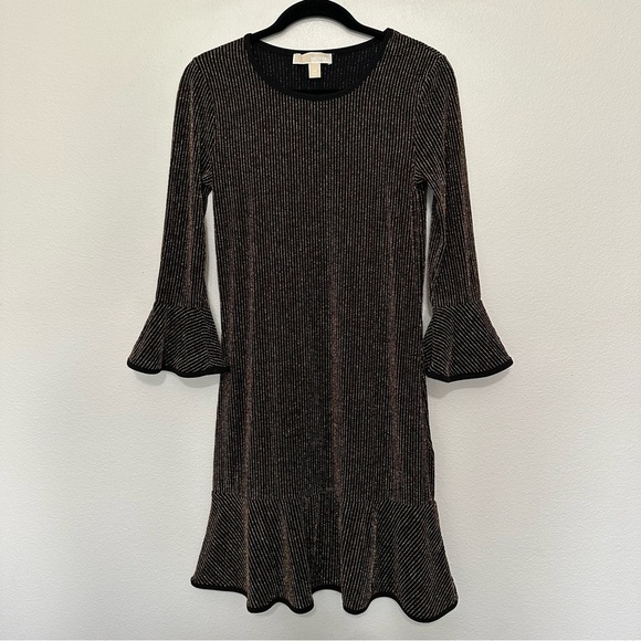 Michael Michael kors black & metallic striped bell sleeve drop waist ruffle hem - Picture 1 of 5
